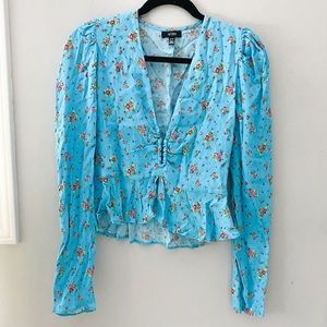 AFRM blue floral plunge neck long sleeve blouse